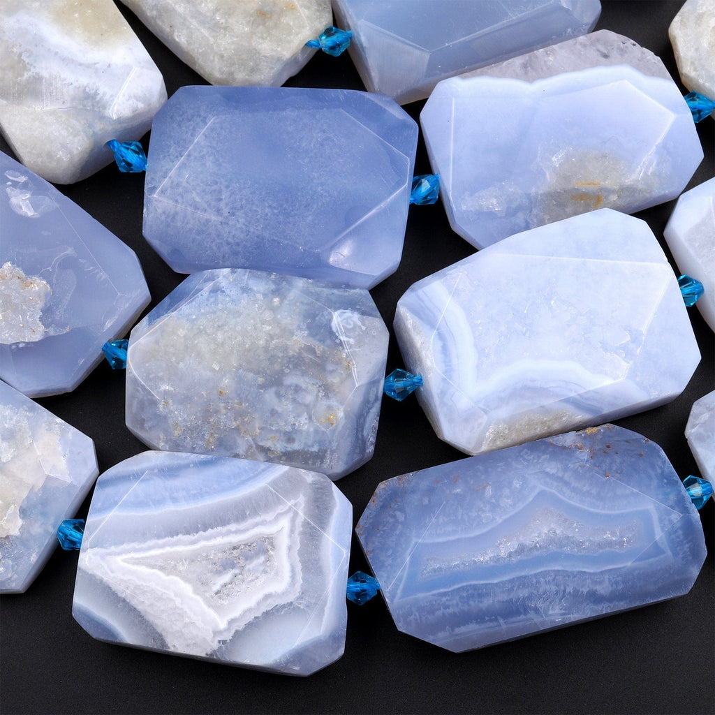 Large Natural Blue Chalcedony Druzy Drusy Beads Chiseled Freeform Rectangle Blue Lace Agate 15.5&quot; Strand