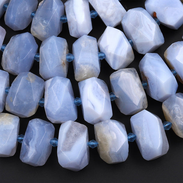 Natural Blue Lace Agate Beads Faceted Rectangle Blue Chalcedony 15.5&quot; Strand