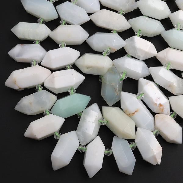 Natural Chrysoprase Top Side Drilled Double Terminated Crystal Faceted Focal Point Creamy Soft Green Beads 15.5&quot; Strand