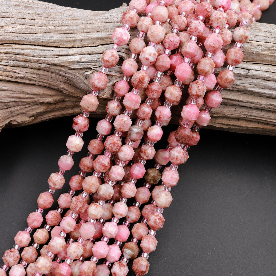 Natural Rose Rhodonite 6mm Beads Faceted Energy Prism Double Point Cut 15.5&quot; Strand