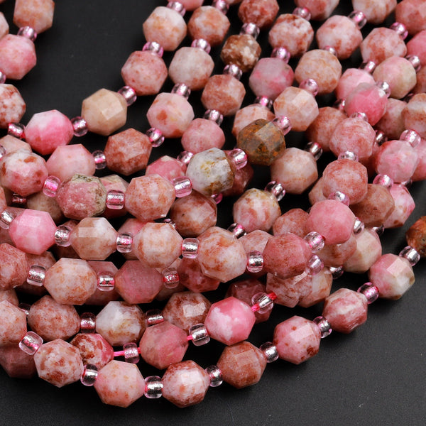 Natural Rose Rhodonite 6mm Beads Faceted Energy Prism Double Point Cut 15.5&quot; Strand
