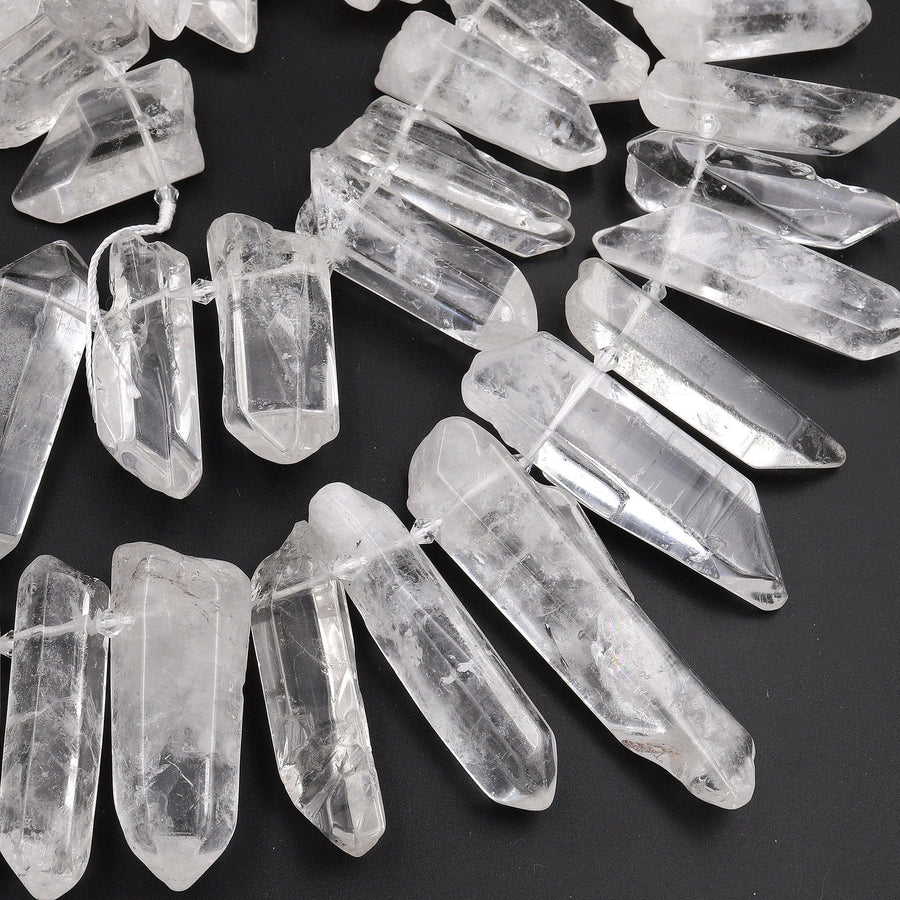 HUGE Size Natural Raw Rock Crystal Quartz Beads Points Spikes Top Side Drilled Freeform Clear White Quartz Focal Pendant 15.5&quot; Strand