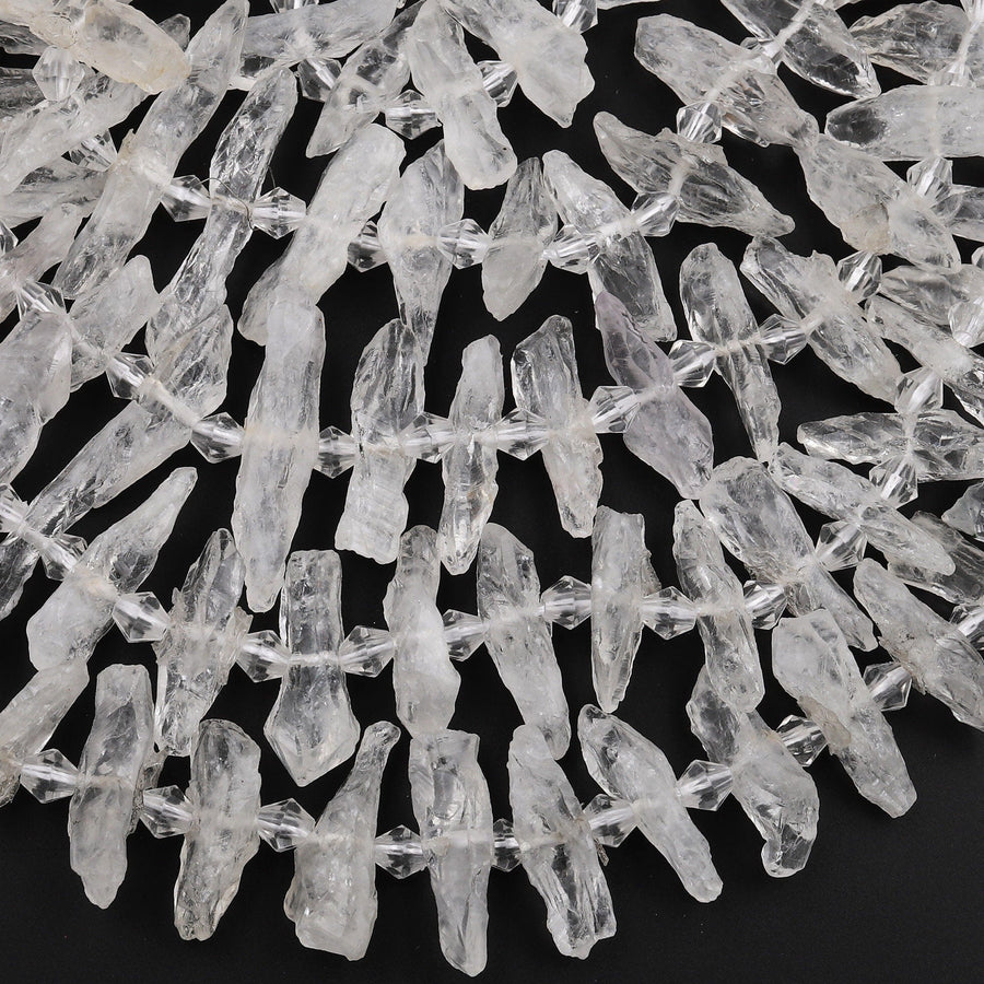 Natural Raw Rock Crystal Quartz Beads Points Center Drilled Freeform Chiseled Clear White Quartz 15.5&quot; Strand