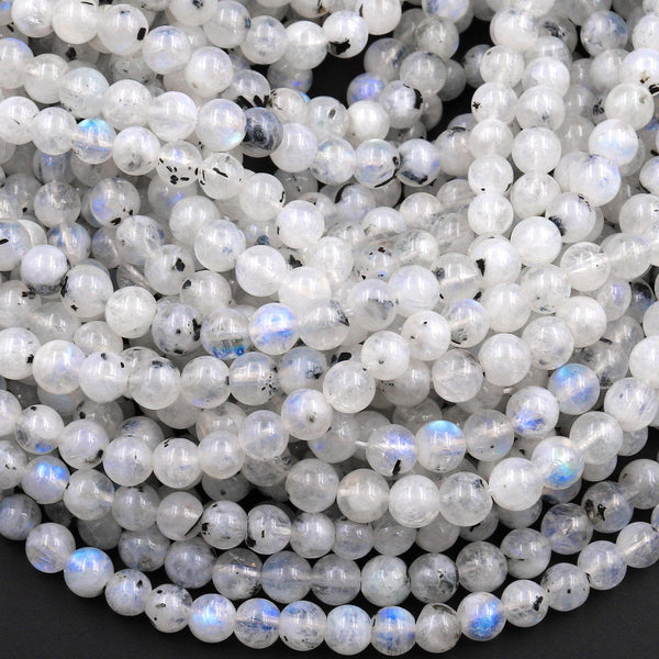 Natural Rainbow Moonstone 4mm 5mm 6mm Round Beads Black Iron Matrix 15.5&quot; Strand