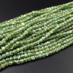 Rare Natural Green Apatite  Micro Faceted 4mm Cube Dice Square Beads 15.5" Strand