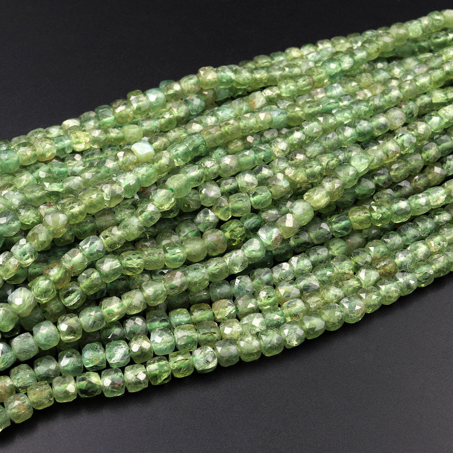 Rare Natural Green Apatite  Micro Faceted 4mm Cube Dice Square Beads 15.5" Strand