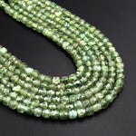 Rare Natural Green Apatite  Micro Faceted 4mm Cube Dice Square Beads 15.5" Strand