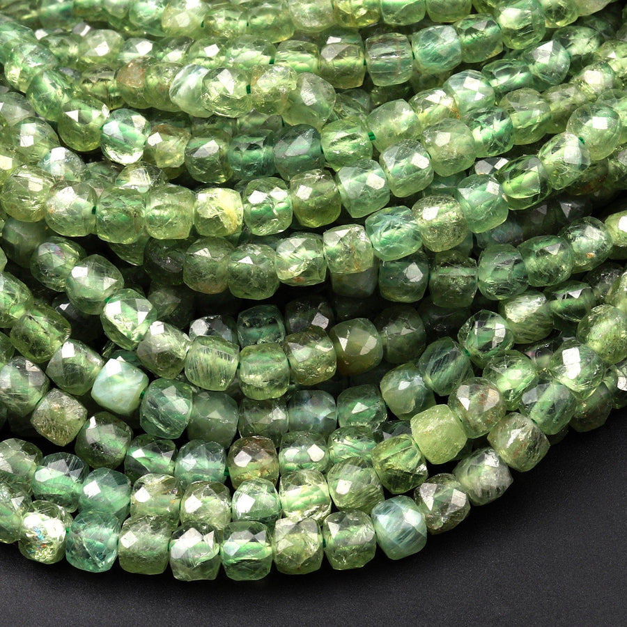 Rare Natural Green Apatite  Micro Faceted 4mm Cube Dice Square Beads 15.5" Strand