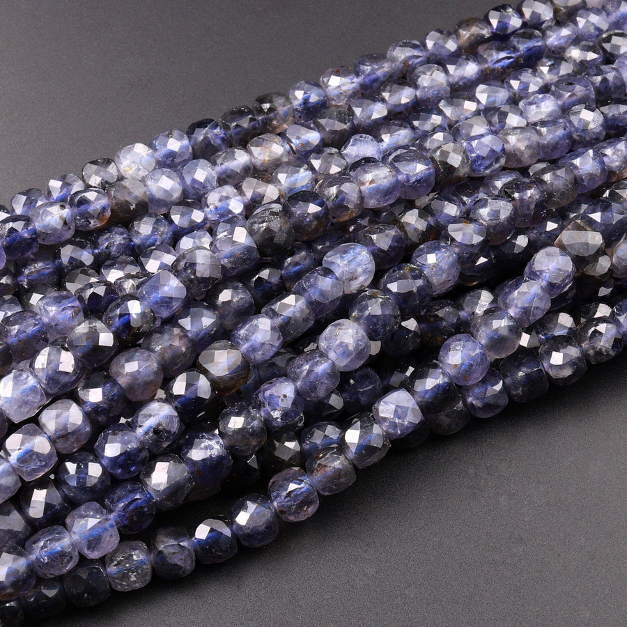 Natural Iolite Faceted 4mm 5mm Cube Dice Square Beads Micro Laser Diamond Cut Gemstone 15.5" Strand