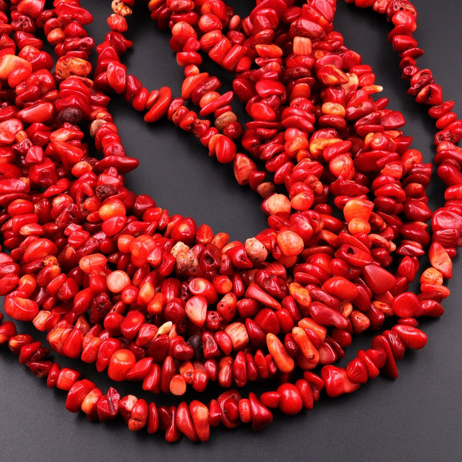 Red Coral Branches Freeform Chip Pebble Nugget Beads 15.5" Strand