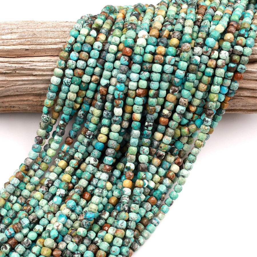 Natural Turquoise Faceted 4mm Cube Beads Real Genuine Natural Blue Green Brown Turquoise Gemstone 15.5" Strand