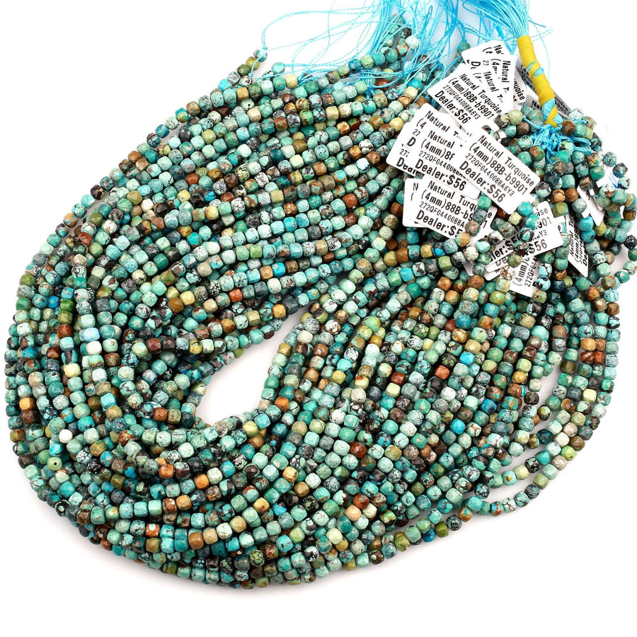 Natural Turquoise Faceted 4mm Cube Beads Real Genuine Natural Blue Green Brown Turquoise Gemstone 15.5" Strand