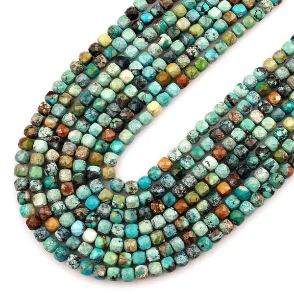 Natural Turquoise Faceted 4mm Cube Beads Real Genuine Natural Blue Green Brown Turquoise Gemstone 15.5" Strand