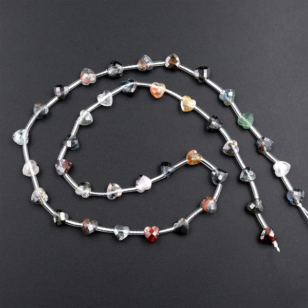 Faceted Tourmaline Heart Beads 6mm Top Side Drilled Natural Multicolor Green Blue Yellow Gemstone 17&quot; Strand