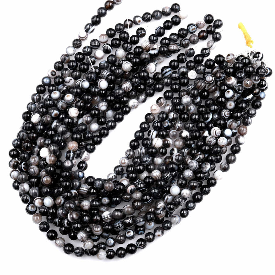 Natural Black Grey Sardonyx Agate 8mm Round Beads AA Grade Amazing Eyes Bands Veins Antique Boho Mala Beads 16&quot; Strand