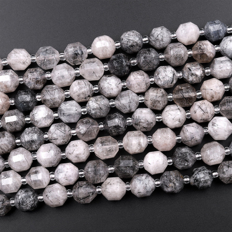 Black Tourmaline Rutilated Rutile Quartz 10mm Beads Faceted Energy Prism Double Terminated Points 15.5&quot; Strand