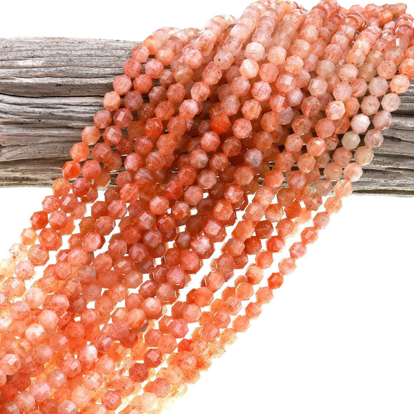 Faceted Natural Sunstone 3mm 4mm 6mm Beads Faceted Energy Prism Double Terminated Points Multi Shaded Gemstone 15.5&quot; Strand