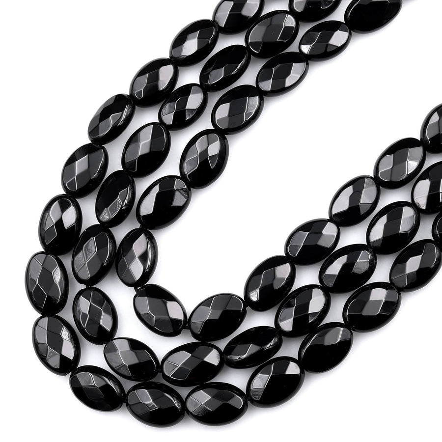 Faceted Natural Black Onyx Oval Beads 12x8mm 14x10mm Good For Earrings Natural Black Gemstones 15.5&quot; Strand
