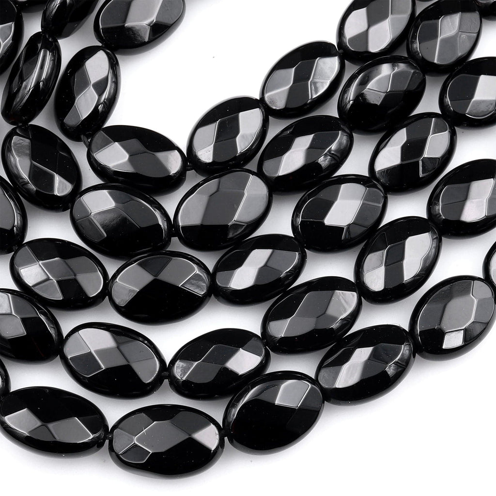 Faceted Natural Black Onyx Oval Beads 12x8mm 14x10mm Good For Earrings Natural Black Gemstones 15.5&quot; Strand