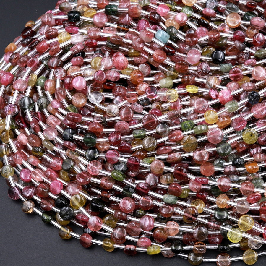 Tourmaline Coin Beads 6mm Natural Multicolor Watermelon Pink Green Yellow Gemstone 18&quot; Strand