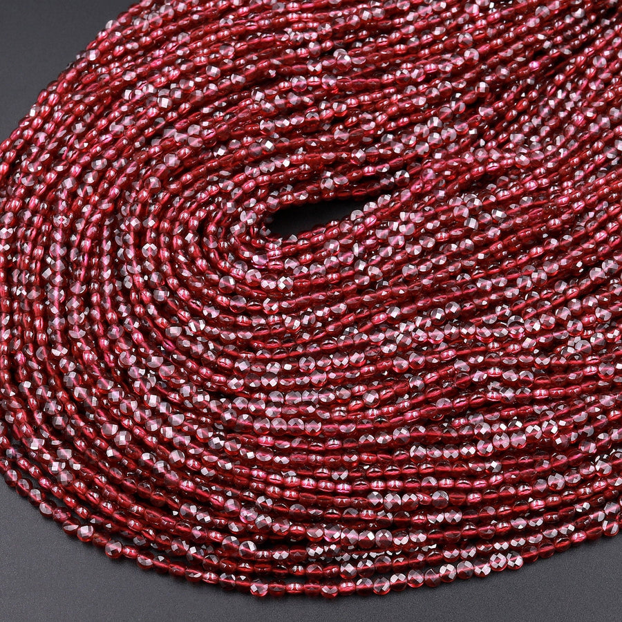 AAA Faceted Natural Red Garnet Coin Beads 2mm 3mm Flat Disc Dazzling Micro Diamond Cut 15.5&quot; Strand