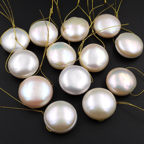 AAA Large Coin Pearl Pendant Genuine 100% Natural Freshwater Pearl Top Side Drilled Focal Bead Large Thick Coin Pearl Super Iridescent