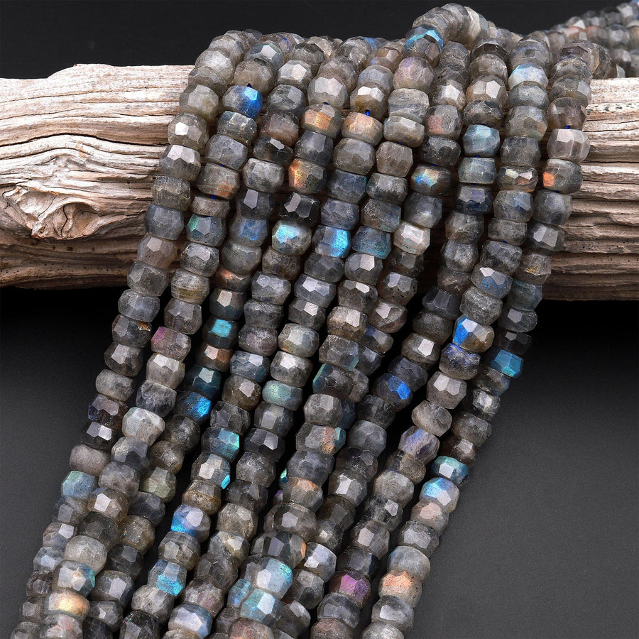 Flashy Rainbow Fire Labradorite Faceted Rondelle 8mm 10mm Beads Blue Green Gold Red Fires 15.5" Strand
