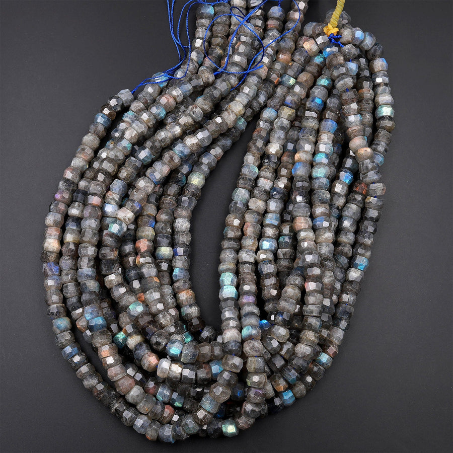 Flashy Rainbow Fire Labradorite Faceted Rondelle 8mm 10mm Beads Blue Green Gold Red Fires 15.5" Strand