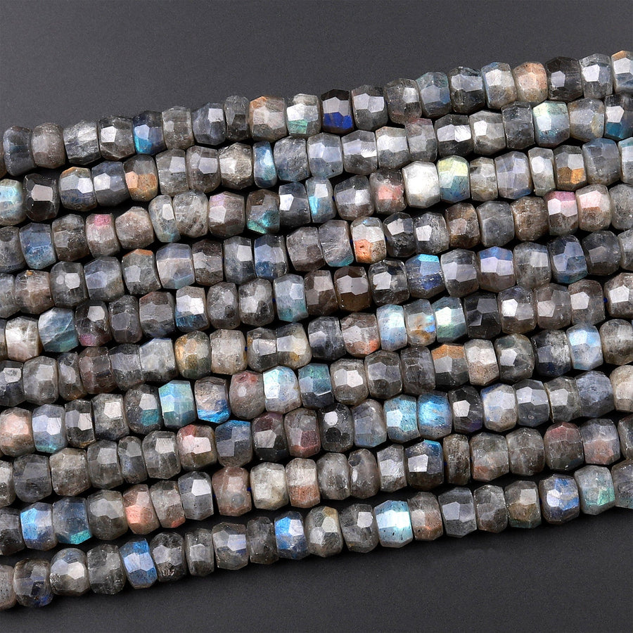 Flashy Rainbow Fire Labradorite Faceted Rondelle 8mm 10mm Beads Blue Green Gold Red Fires 15.5" Strand