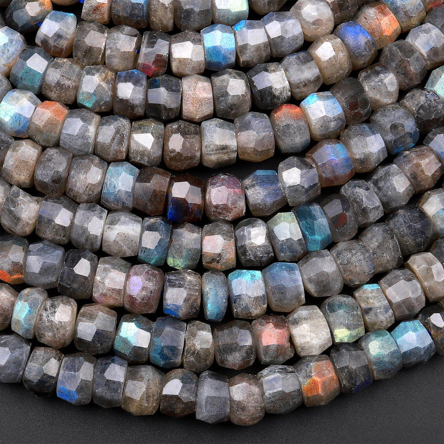 Flashy Rainbow Fire Labradorite Faceted Rondelle 8mm 10mm Beads Blue Green Gold Red Fires 15.5" Strand