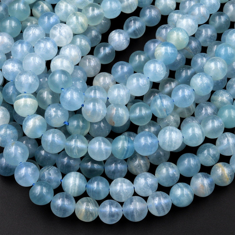 Natural Argentina Lemurian Aquatine Blue Calcite Smooth Round Beads 6mm 7mm 8mm 10mm 12mm Gemstone 15.5" Strand