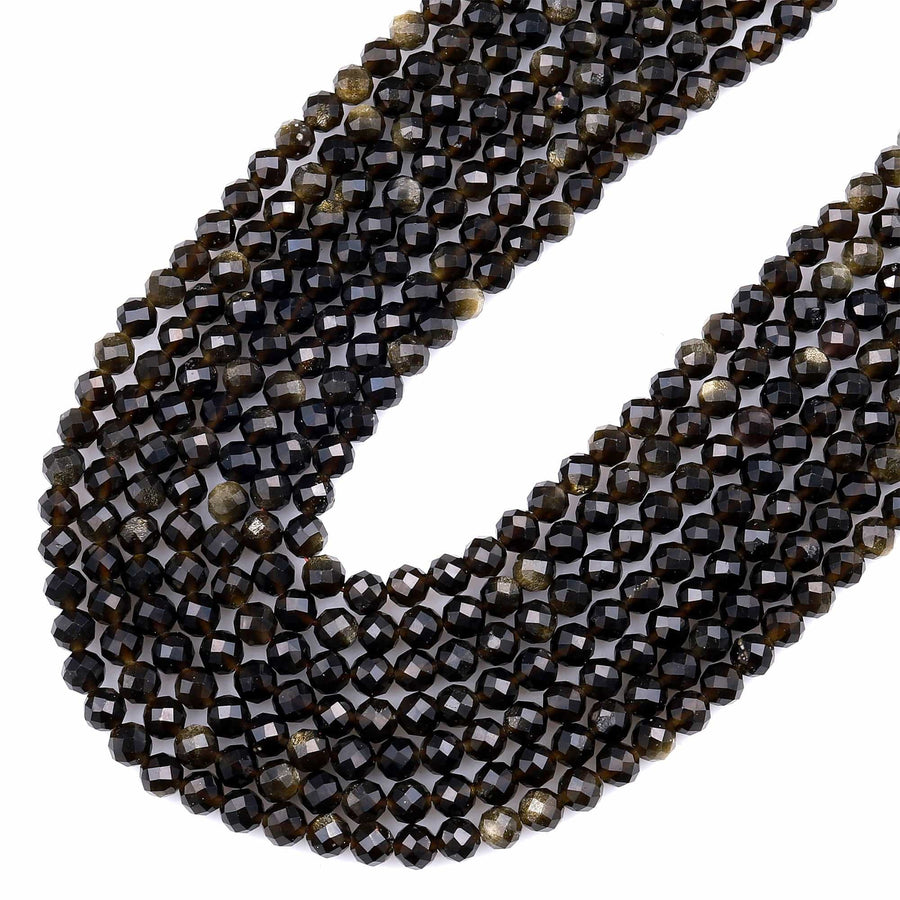 AAA Micro Faceted Natural Golden Obsidian 4mm Round Beads 15.5" Strand