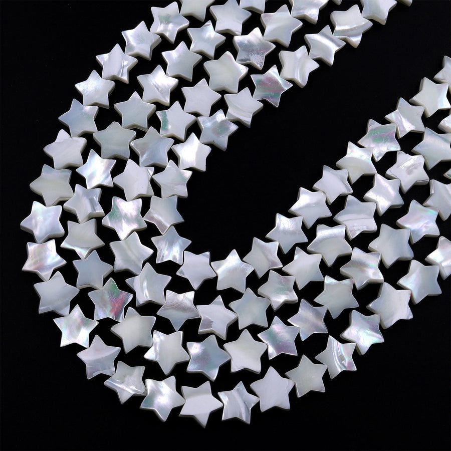 AAA Iridescent Hand Carved Natural White Mother of Pearl Shell Beads Star Shape 15.5" Strand