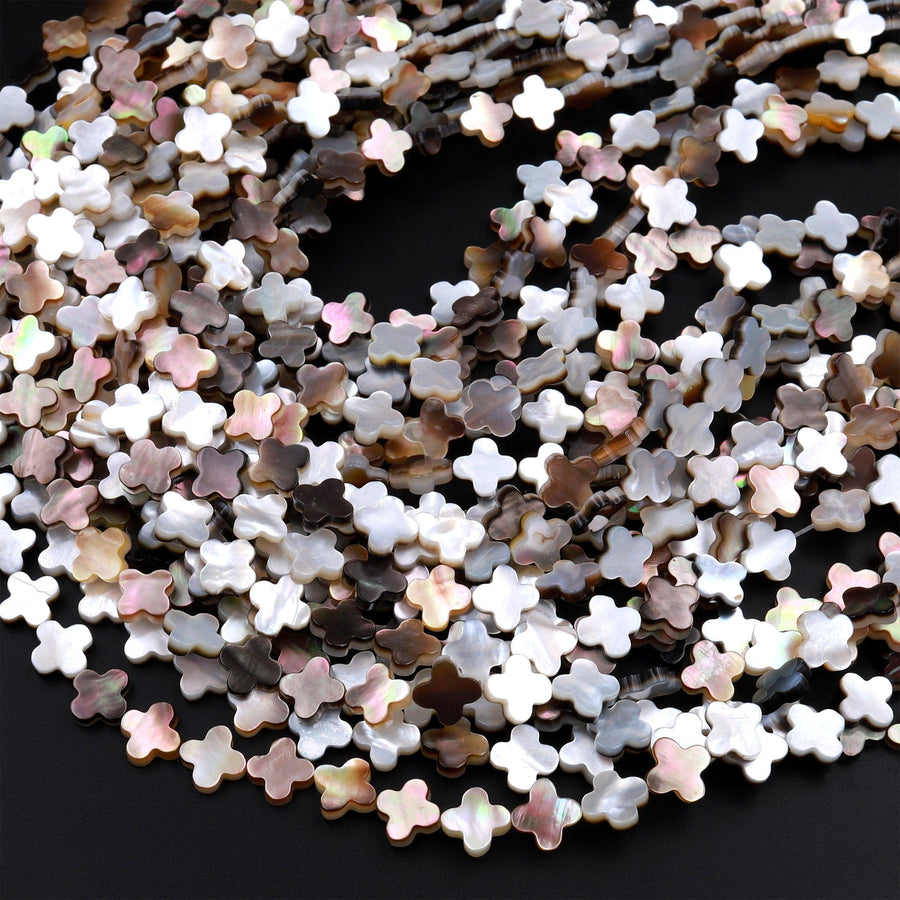 AAA Iridescent Hand Carved Natural Gold Brown Mother of Pearl Shell Beads Flower Cross Shape 15.5" Strand