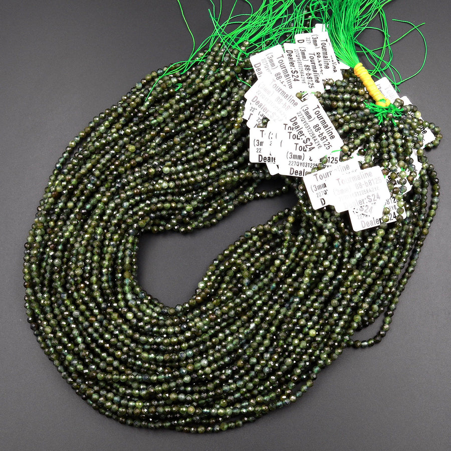 Natural Green Tourmaline Faceted 3mm 4mm Round Beads Diamond Cut Gemstone 15.5" Strand