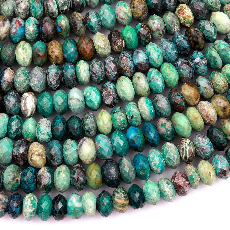 Faceted Natural Chrysocolla Rondelle Beads 6mm 8mm Laser Diamond Cut Blue Green Gemstone 15.5" Strand