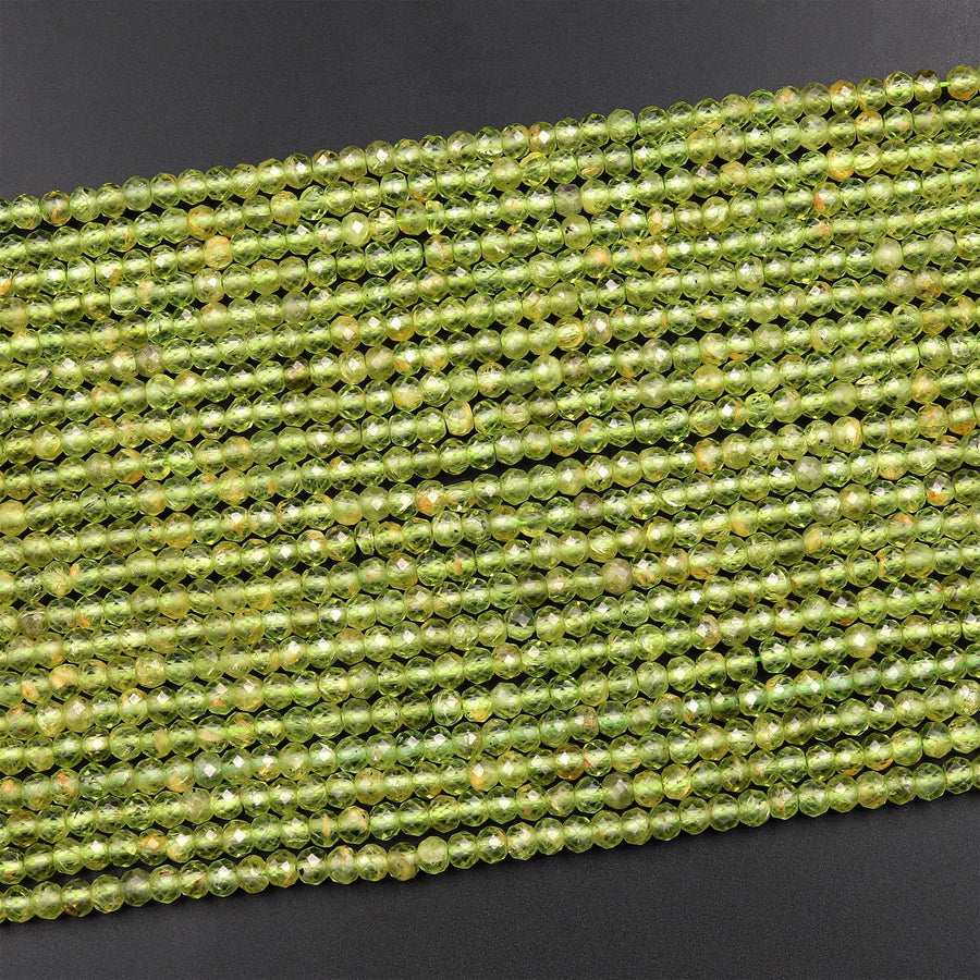 Natural Green Peridot 4mm Faceted Rondelle Beads Micro Laser Diamond Cut Real Genuine Peridot Gemstone 15.5" Strand
