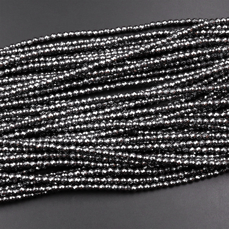 Faceted Natural Black Hematite 2mm 3mm 4mm Round Beads 15.5" Strand