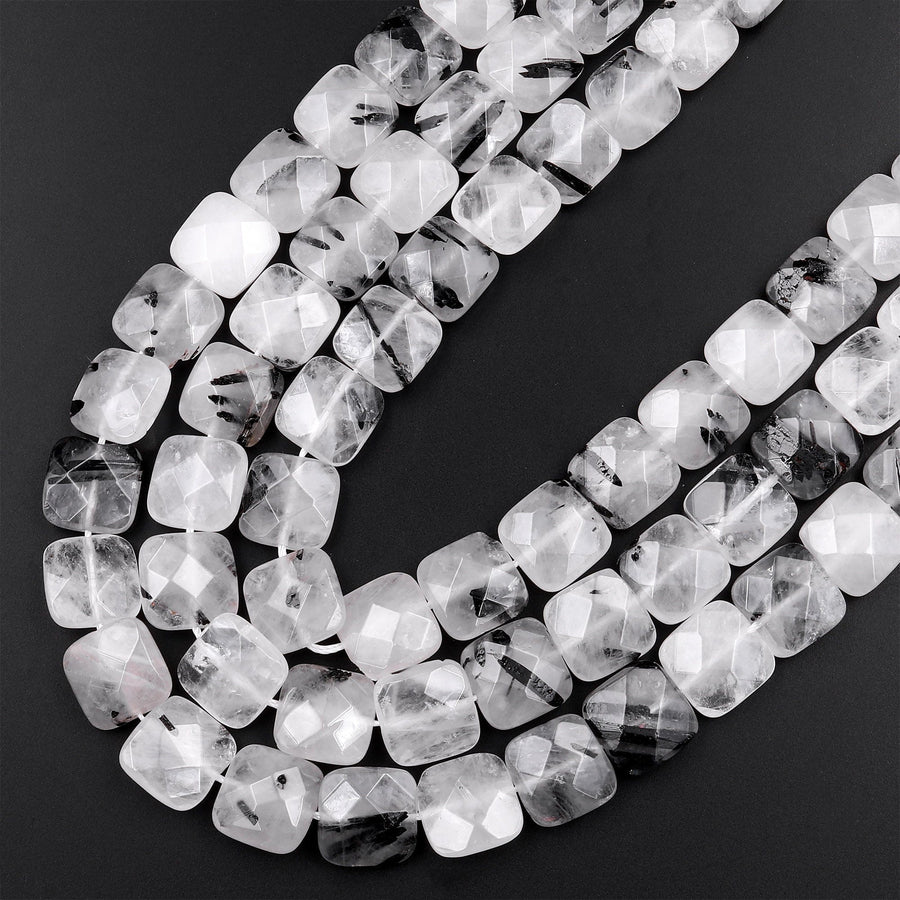 Faceted Natural Black Tourmaline Rutilated Quartz Square Cushion Beads 8mm 10mm 12mm 15.5" Strand