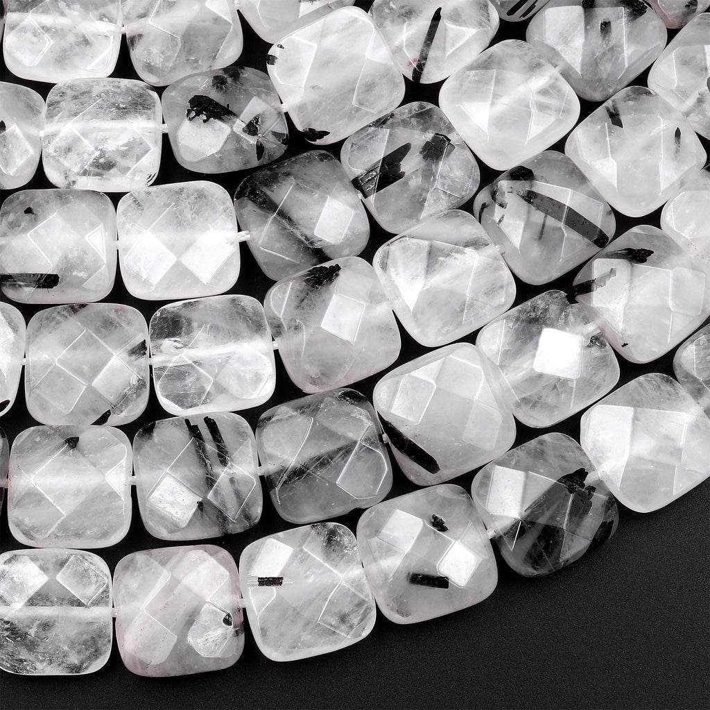 Faceted Natural Black Tourmaline Rutilated Quartz Square Cushion Beads 8mm 10mm 12mm 15.5" Strand