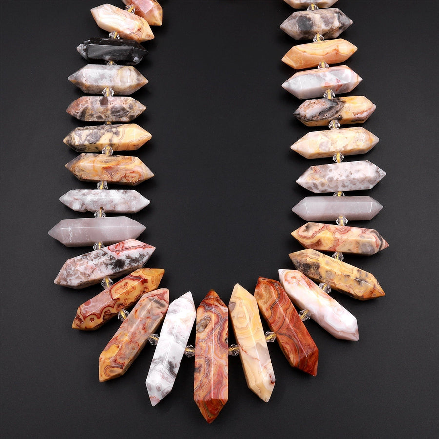 Natural Crazy Lace Agate Beads Double Terminated Crystal Focal Point Pendants 15.5" Strand