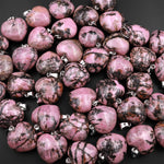 Natural Pink Black Rhodonite Puffy Heart Pendant