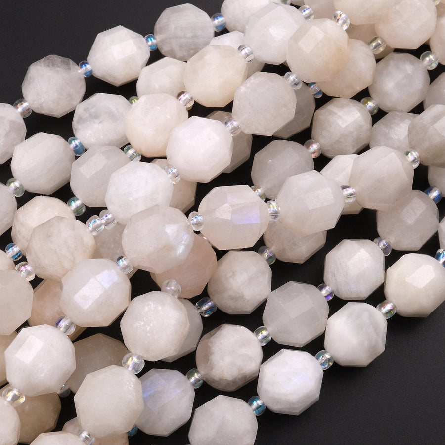 Natural White Moonstone 10mm Beads Faceted Energy Prism Double Terminated Points 15.5" Strand