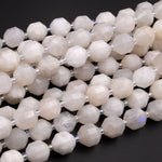 Natural White Moonstone 10mm Beads Faceted Energy Prism Double Terminated Points 15.5" Strand