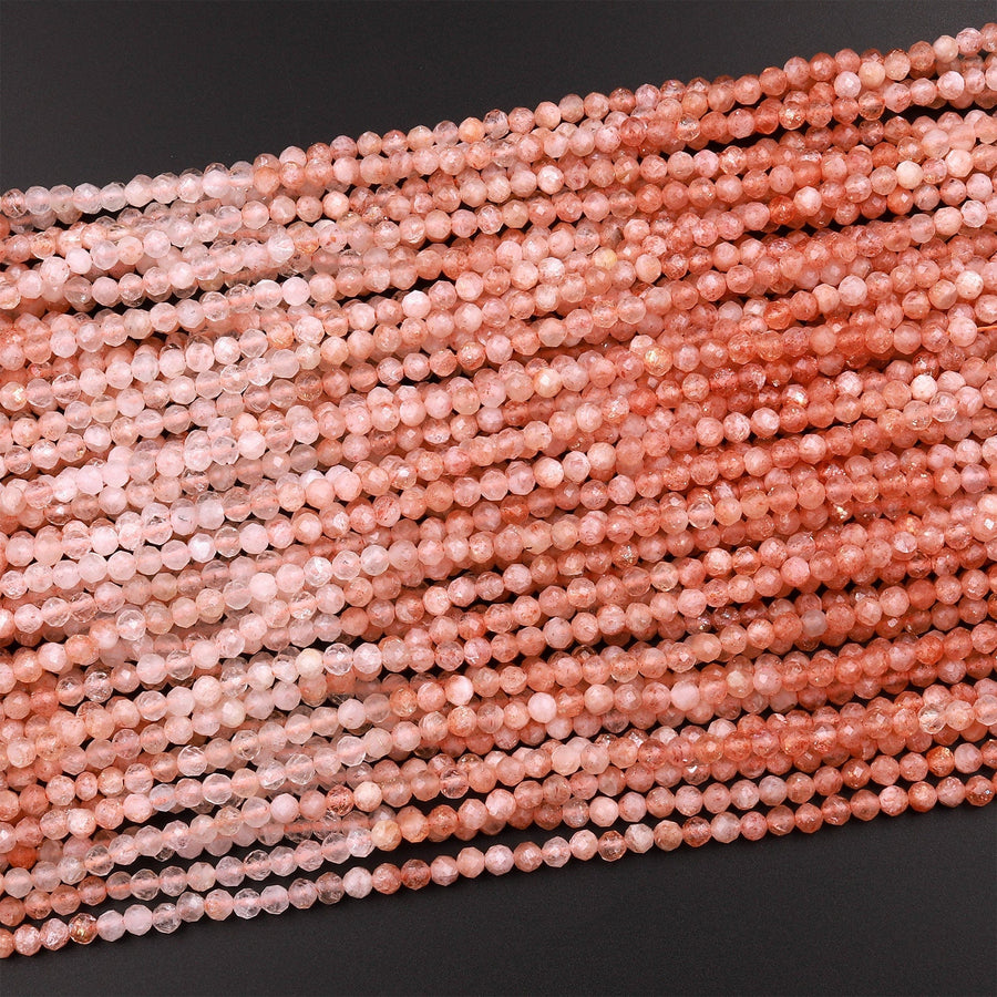 Faceted Natural Sunstone 3mm Round Beads Multi Orange Shades Gemstone 15.5" Strand