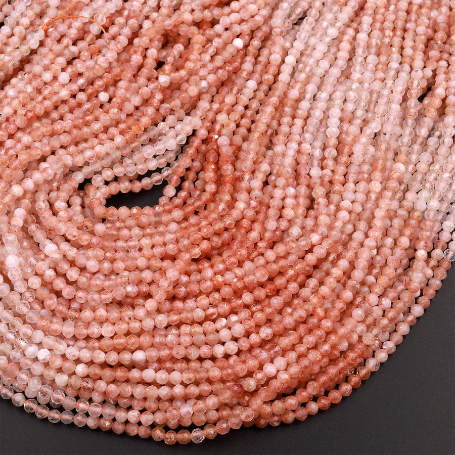 Faceted Natural Sunstone 3mm Round Beads Multi Orange Shades Gemstone 15.5" Strand