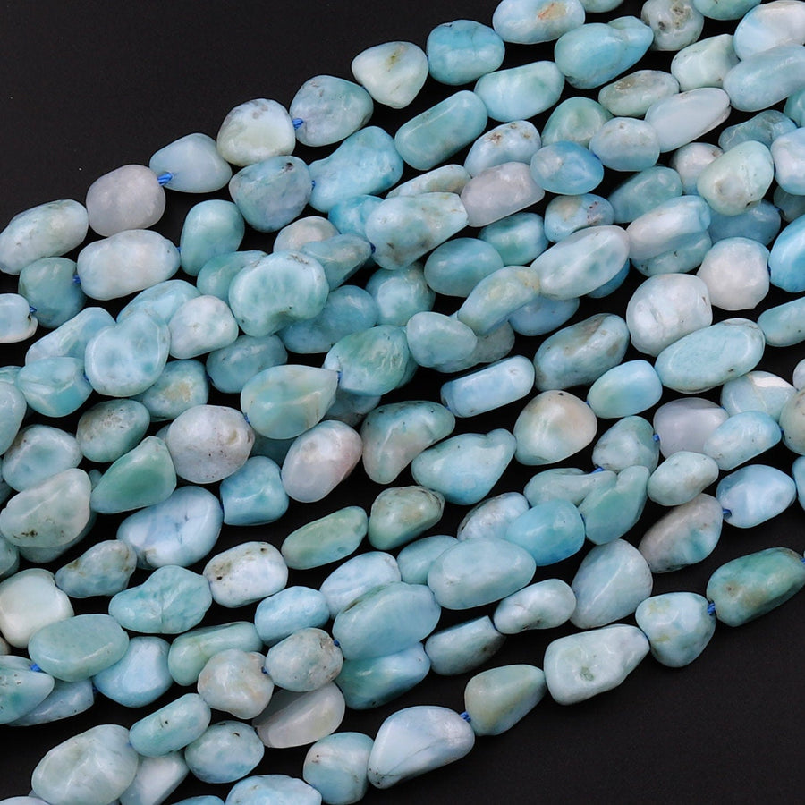 Natural Blue Larimar Beads Rounded Freeform Pebble Nuggets From Dominican Republic 15.5" Strand