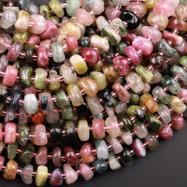 Natural Pink Green Tourmaline Beads Freeform Center Drilled 8mm 10mm Rondelle Disc Organic Cut Nuggets 15.5" Strand