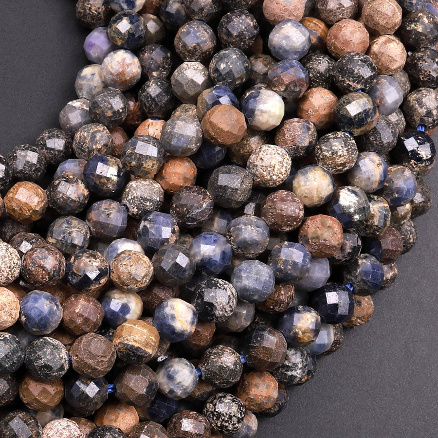 Faceted Natural Boulder Blue Sapphire Round Beads 5mm 6mm Micro Laser Cut Real Genuine Gemstone 15.5" Strand