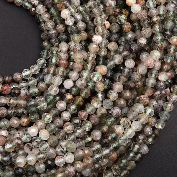 Faceted Natural Green Tourmaline Rutile Quartz 4mm 5mm Round Beads Laser Diamond Micro Cut Gemstone 15.5" Strand